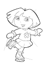 Dora looks very happy. She is skating. She has her arms spread in the air. And Dora holding her right leg in the air.
